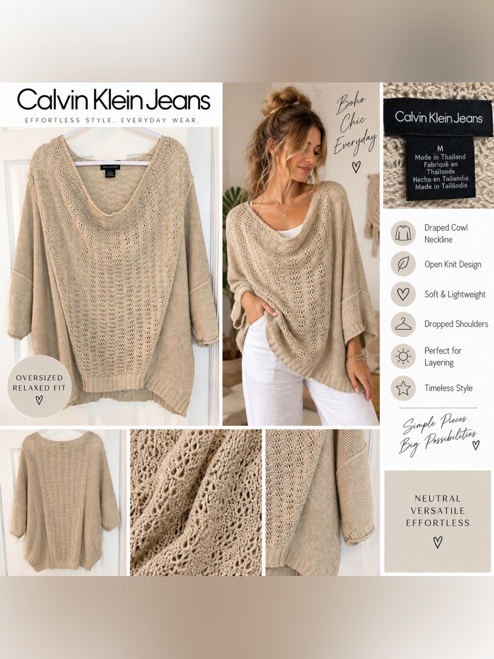Calvin Klein Jeans Women’s M Oversized Open Knit Draped Boho Sweater